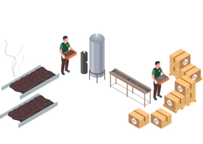 Isometric graphic: biomass drying beds, central tank and palletized shipping boxes.