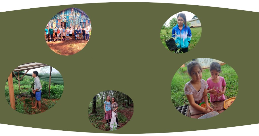Environmental education in El Soberbio — single banner graphic with five community and garden vignettes.